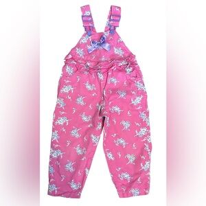 VINTAGE Happy Kids Overalls Girls 4T Pink Floral  Ruffle Romper Purple Bow